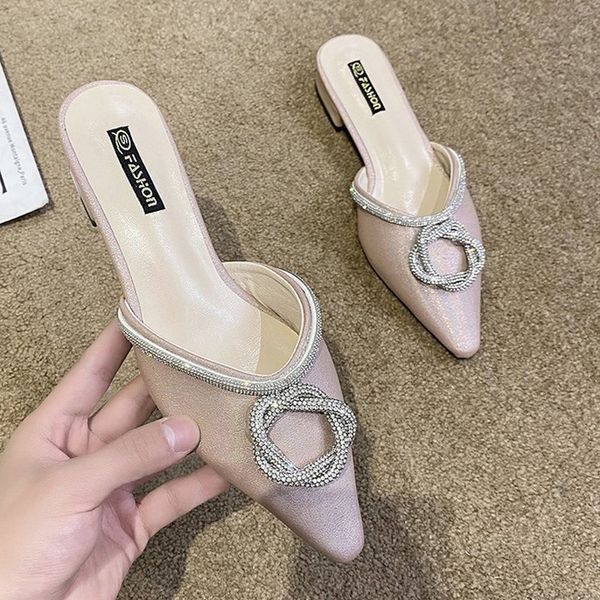 

spring summer women shoes slippers fashion crystal mules slip on outdoor slides shoes low heel pointed toe dress shoes sandals, Black