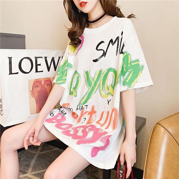 

women's t-shirt 2021 large size women summer length graffiti half sleeve loose comfortable fashion short sleeves, White