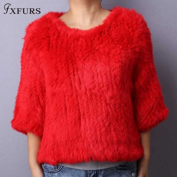 

fxfurs knitted rabbit fur poncho women fashion fur sweater 100% real fur jackets girl's pullover cj191213, Black