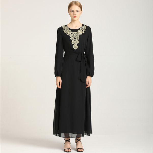

casual dresses embroidery muslim women long dress solid color appliques elegant bowknot dubai abaya arabic middle clothing maxi ro, Black;gray