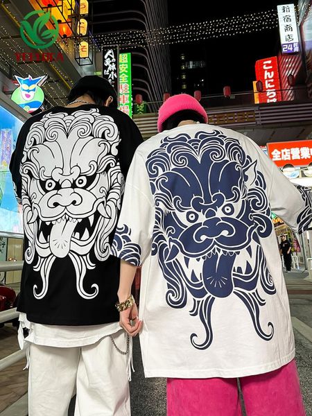 

chinese style men t-shirt short sleeve tee women gothic harajuku 2021 summer oversized retro couple fashion hip-hop streetwear men's t-, White;black