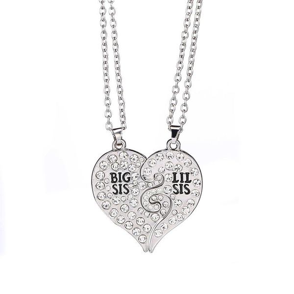 Collane con ciondolo 2 pezzi/set Coppia BIG SIS/LIT SIS Collana Cubic Zirconia a forma di cuore Cucitura Catena clavicola Amicizia