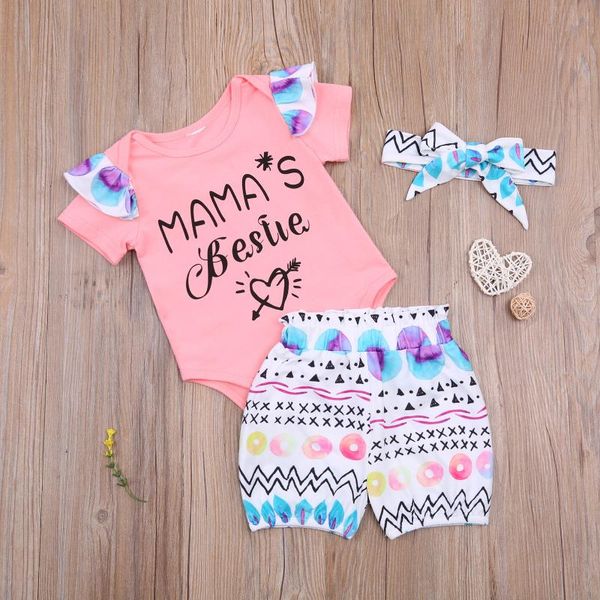 

3pcs baby summer outfits, letter print o-neck short sleeves romper + eggs shorts headband suit for toddler girls clothing sets, White