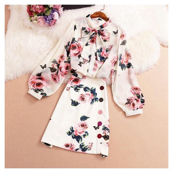 

two piece dress seiwnibu elegant floral print blouse skirt 2 set 2021 spring summer high waist skirts ol shirt women suits, White