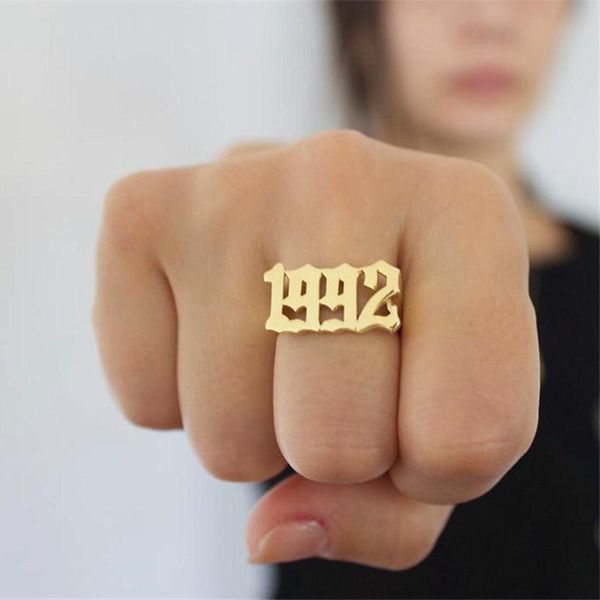 

gothic old english font 1990-1999birth year number rings for women men gold ring wedding band fashion jewelry punk mujer gift cluster, Golden;silver