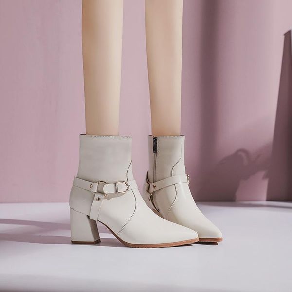 

boots 2021 autumn brand shoes women fashion heels patchwork chunky heel cross-tied female botas mujer, Black