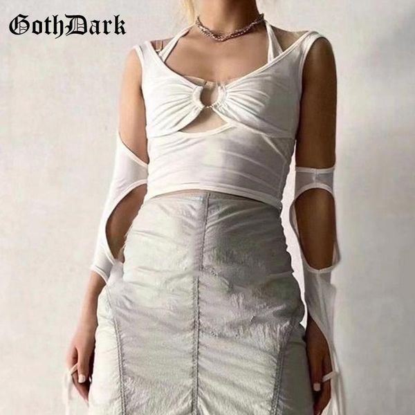 

women's t-shirt goth dark punk techwear women summer t-shirts cut out grunge y2k black crop bandage patchwork streetwear halter te, White