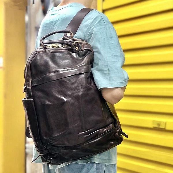 

backpack large capacity retro cowhide men handmade leather men's heavy industry old vegetable tanned bag