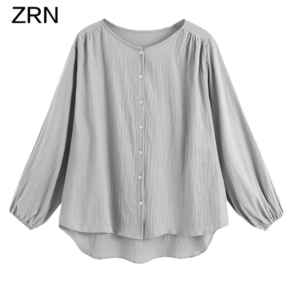 

oversized women blouse fold lantern sleeve shirt elegant ladies o-neck casual single breasted loose solid women's blouses & shirts, White