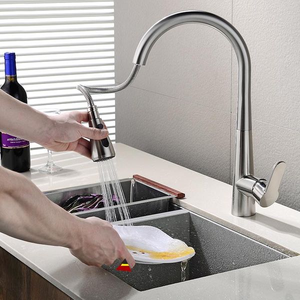 

kitchen faucets high arc brushed nickel pull out water tap single hole swivel 360 degree sink faucet with down sprayer
