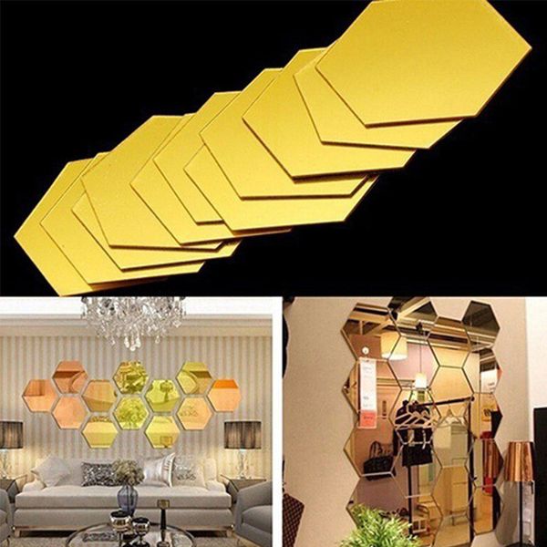 10 cm / 20cm 12 pz / set 3D Mirror Wall Sticker Hexagono sfondi rimovibili Decalcomania Decalcomania Decor Art FAI DA TE