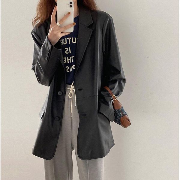 

women's leather & faux early autumn korean style minimalist retro wild cool high-end washed real sheep simple vintage suit, Black
