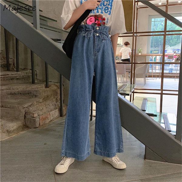 

jeans women straight high waist drawstring blue denim korean style fashion basic classic design simple students casual loose women's