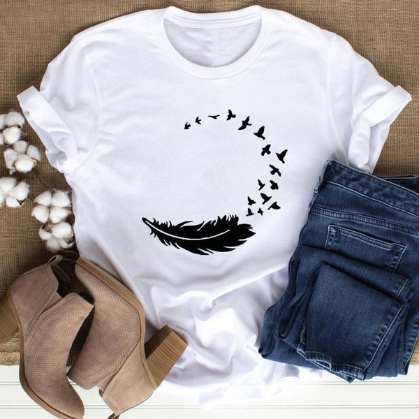

women's t-shirt feather with flying birds 100% cotton aesthetic boho hippie soul tshirt vintage women graphic be wild tee top, White