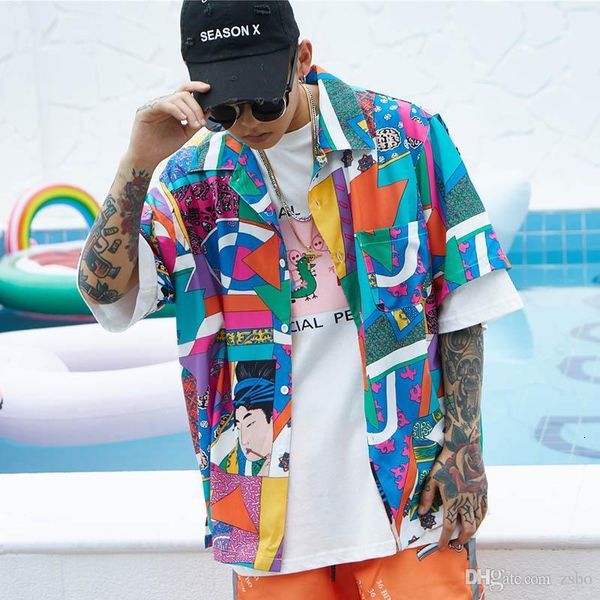 

men's casual shirts spring and summer street hip hop shirt harajuku japanese anime thin short-sleeved hawaii casual sh qb4v, White;black