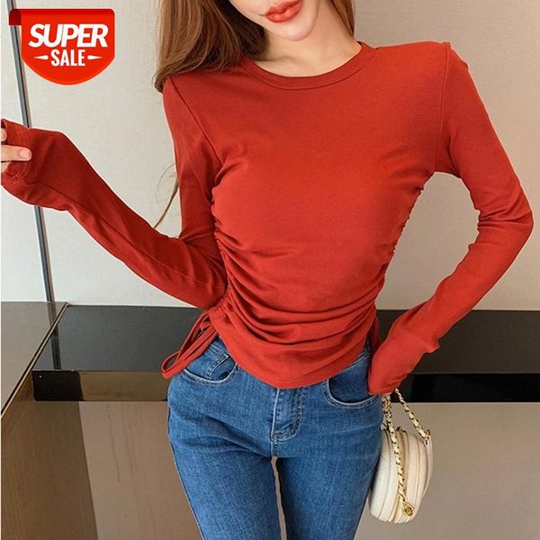 

leopard slim drawstring plain t shirt women cotton elastic basic t-shirts female casual thin t-shirt 2021 #y13d, White
