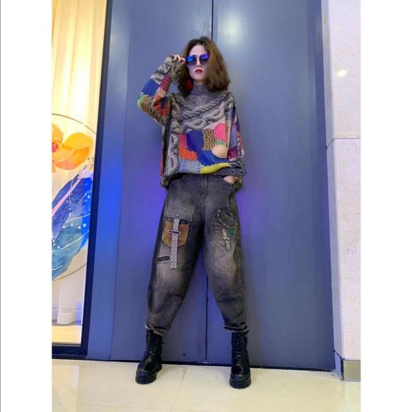 

women's two piece pants fall 2021 100% color patchwork turtleneck sweater womens personalized beaded zipper embroidered harem pantsuit, White