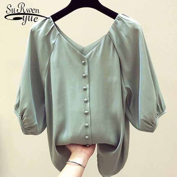 

summer fashion lantern sleeve blouses short v-neck casual solid chiffon women elegant clothing 5393 50 210508, White
