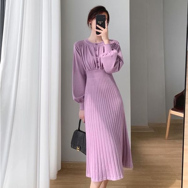 

casual dresses 2021 autumn winter women lantern sleeve sweater dress ladies a-line midi knitted vestidos, Black;gray