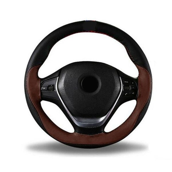 

steering wheel covers 38cm cover black + coffee car diy genuine leather soft