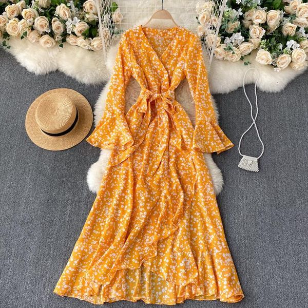

autumn style printed trumpet womens dress sleeve lace up thin temperament v neck irregular ruffled uk710, Black;gray