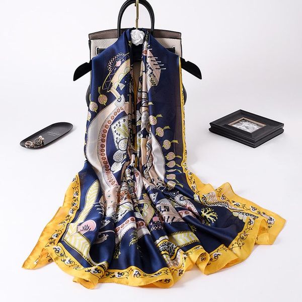 

scarves female dustproof beach towel summer luxury carriage silk korean print handkerchief fashion 180x90cm sunscreen shawls, Blue;gray