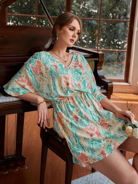 

plus knot waist floral print a-line dress k56e#, Black