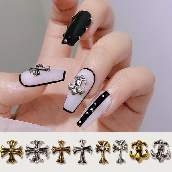 

nail art decorations 4pcs chrome gold silver cross accessories punk rock 3d metal nails decoration retro style supplies for summer manicure, Silver;gold