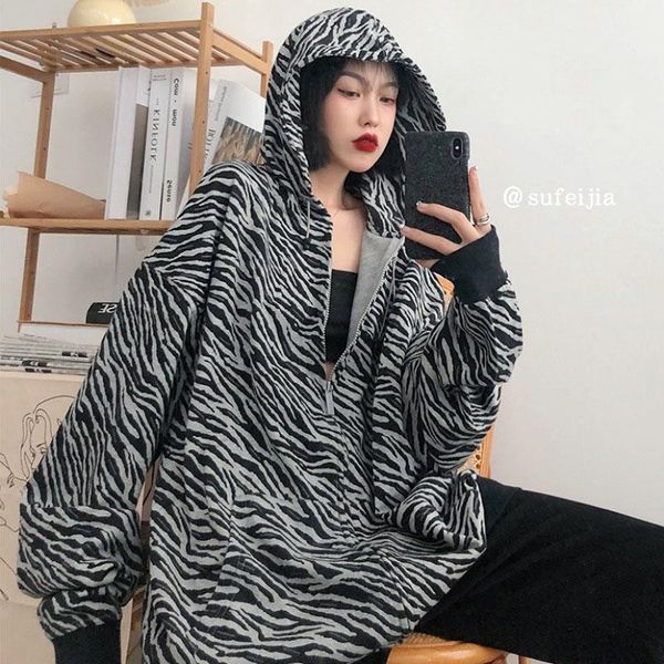 

women's hoodies & sweatshirts kpop korean zebra printing sweatshirt women with hood long sleeve for girl clothing 2021 fall 008s50, Black