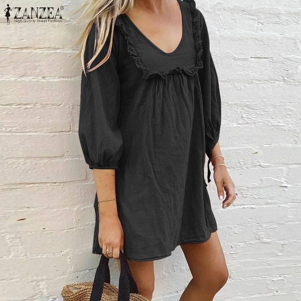

casual dresses ruffle for women summer ladies party dress female mini vestidos plus size solid robe femme 5xl, Black;gray