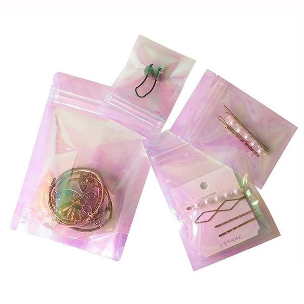 

packing bags thick reclosable holographic pink zipper packaging bag cosmetic jewelry flat pouches laser small plastic zip lock 100pcs