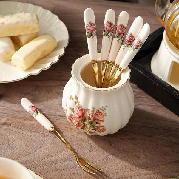 

forks retro art fruit fork stainless steel ceramics holder safety decoration for kids tenedores camping accessories ei50ff
