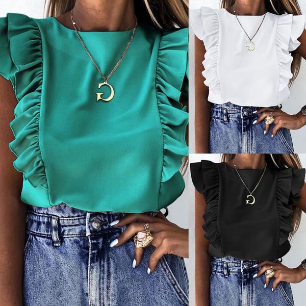 

elegant solid color ruffle blouse women shirt 2021 summer o neck pleated blusa lady 3xl casual button sleeveless women's blouses & shi, White
