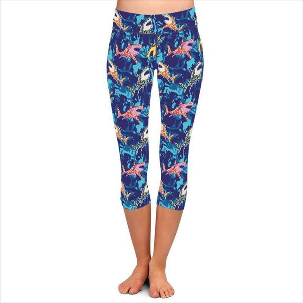 

letsfind summer colored shark women leggings print capri fashion high waist plus size fitness, Black
