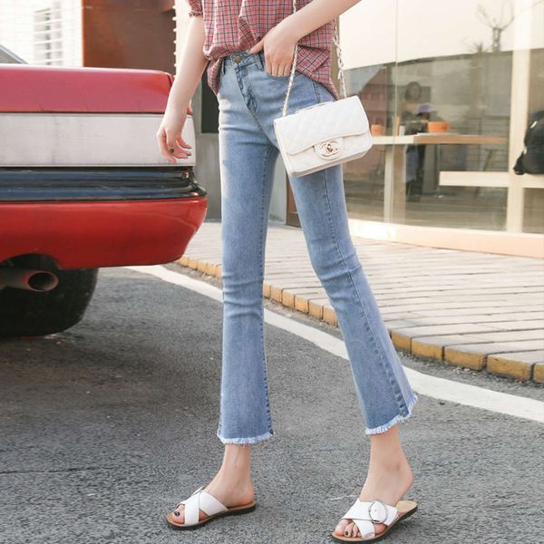 

spring high waist elastic slim tube tight nine point bell bottoms, Blue