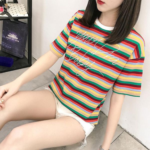 

women's t-shirt oversize t shirt woment rainbow striped casual women o-neck short sleeve ladies punk tshirt top, White