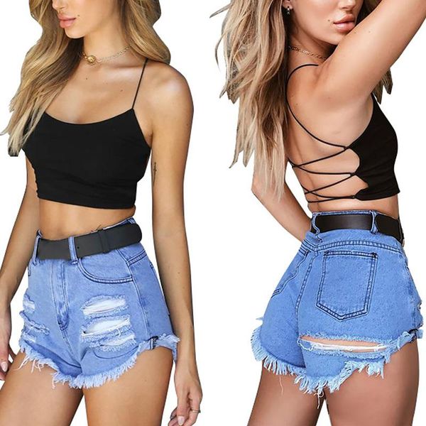 

women's tanks & camis women girls summer camisole tight sleeveless backless cross straps short t-shirt fashion solid color streetwear c, White