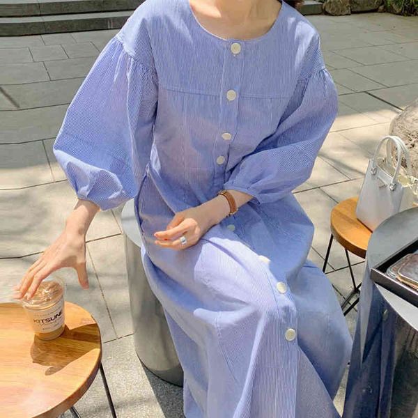 

summer women elegant beach blue round neck stripe single breasted lace up waist slim lantern sleeve dress 16w1022 210510, Black;gray