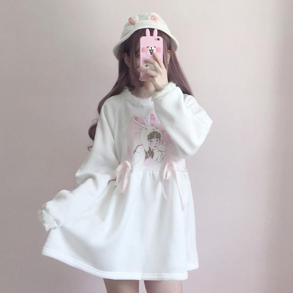 

casual dresses spring women's japanese soft sister loose mid-length cute cartoon printed dress student white round neck women, Black;gray