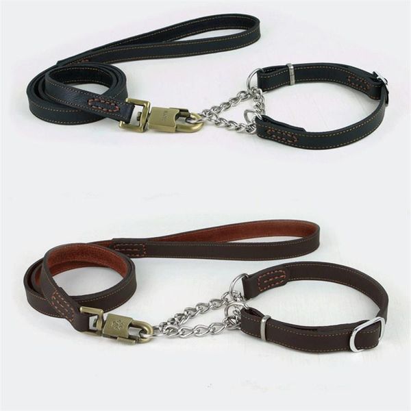 

real cowhide leather pet pinch collar leads strap manual large dog chain neck adjustable buckle rope leash for medium big dogs collars & lea