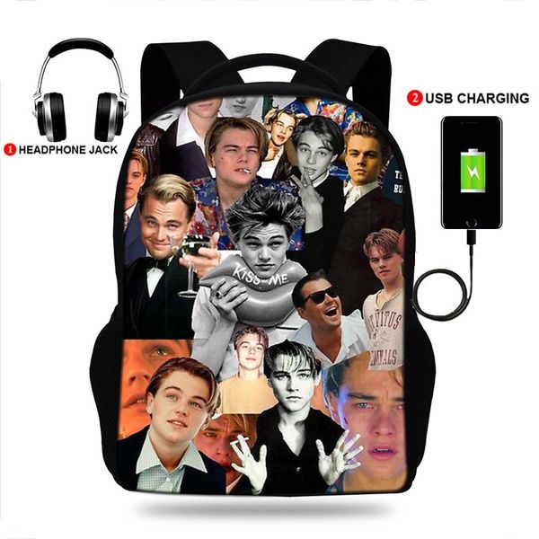 

backpack 17inch leonardo dicaprio print usb port backpacks for teenager boys&girls school bags lapmochila daily rucksack