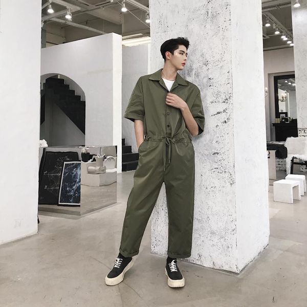 

men's pants hip-hop loose street short-sleeved coverall retro fashion brand suits one-piece summer menswear japanese casual jumpsuit, Black