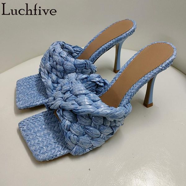 

twist braid open toe slippers thin high heels ladies slides runway leather party shoes big size blue weaved shoes woman, Black