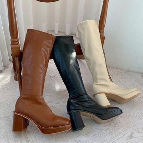

boots leather knee high 2021 autumn women shoes platform thick heel square head zipper casual fashion, Black