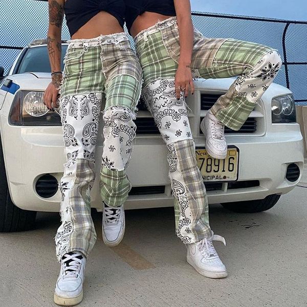 

women's jeans stripe plaid e-girl patchwork women vintage 90s green pants mom y2k baggy straight denim trousers female, Blue