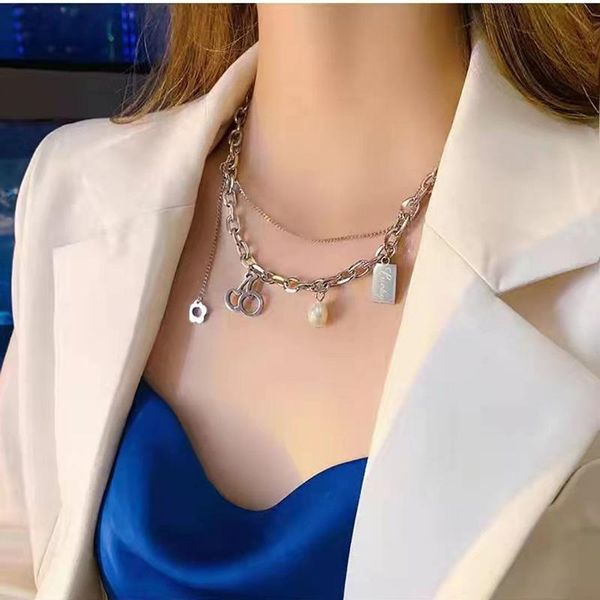 

chains ladies titanium steel cherry blossoms double layered stacking necklace fashion tassel clavicle chain girl party, Silver