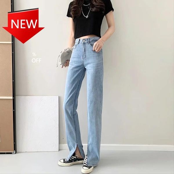 

women's jeans modified leg type side slit high waist straight loose slimming 2021 spring and summer thin, Blue