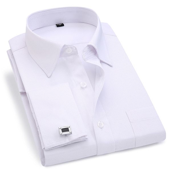 Homens French Dress Dress Camisa Branco Manga Longa Botões Casuais Camisa Male Marca Camisas Regular Fit Cufflinks Incluído 6xL 210708