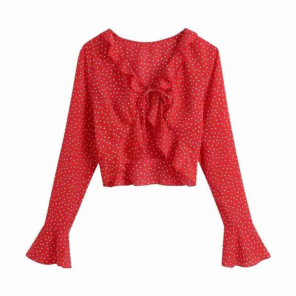 Femmes élégantes V-Col V-Col Polka Dot Chemises Mode Dames Rouge Cordon Court Tops Sexy Femme Sweet Chic Volants Blouses 210427