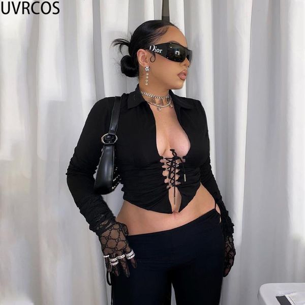

women's t-shirt uvrcos fashion chest hollow out lace up mujer long sleeve skinny summer 2021 solid color lady clothing, White